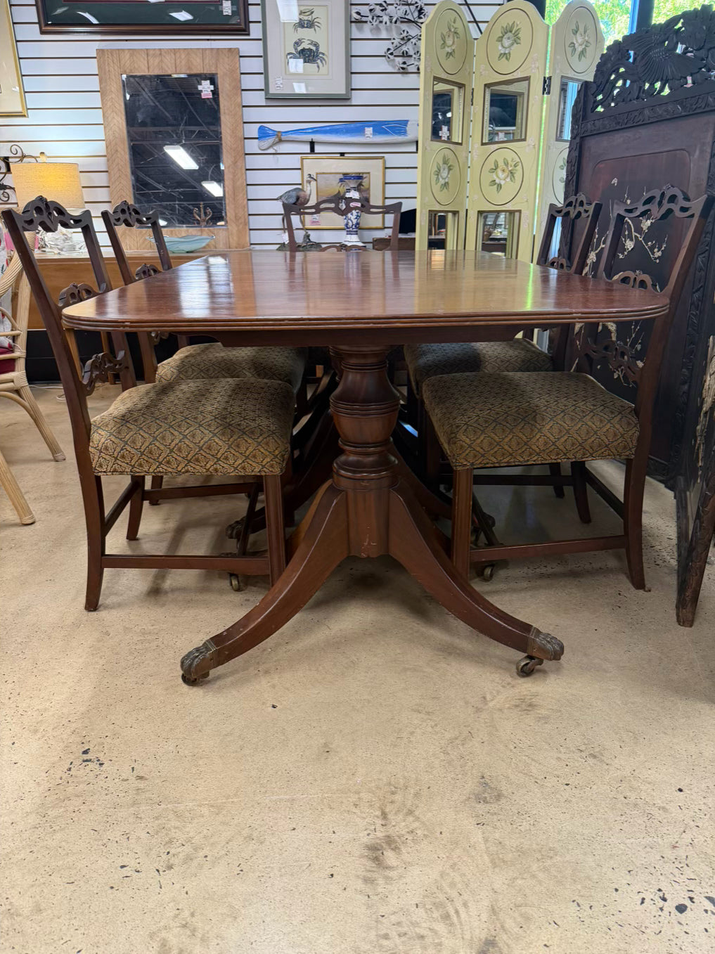 VINTAGE Wood Dining Set Of Table & 6 Ribbon Back Chairs w/ Leaves