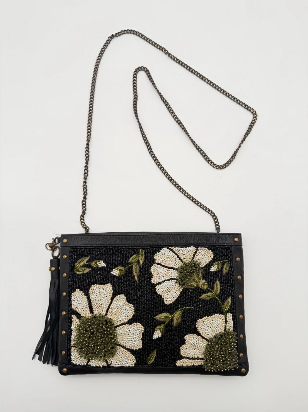 MARY FRANCES Sunshine & Daisies Black, White & Green Leather Beaded Floral Crossbody Bag