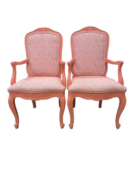 VINTAGE Wood Painted Salmon & White Fabric Pair Of Arm Chair's