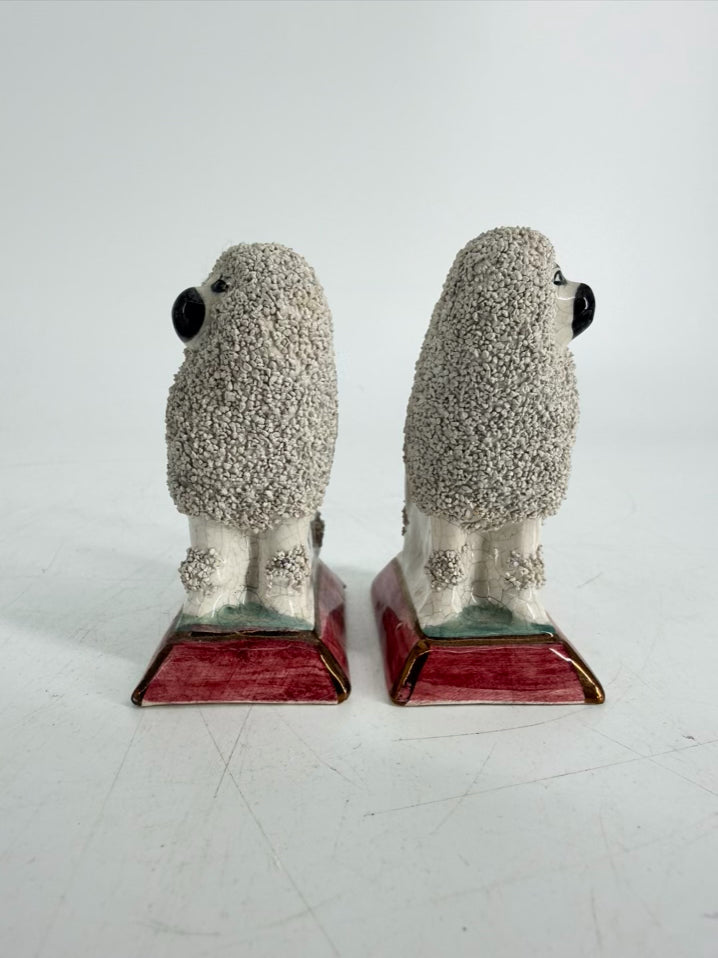 STAFFORDSHIRE White & Green Ceramic Confetti Poodle Pair Of Figurines