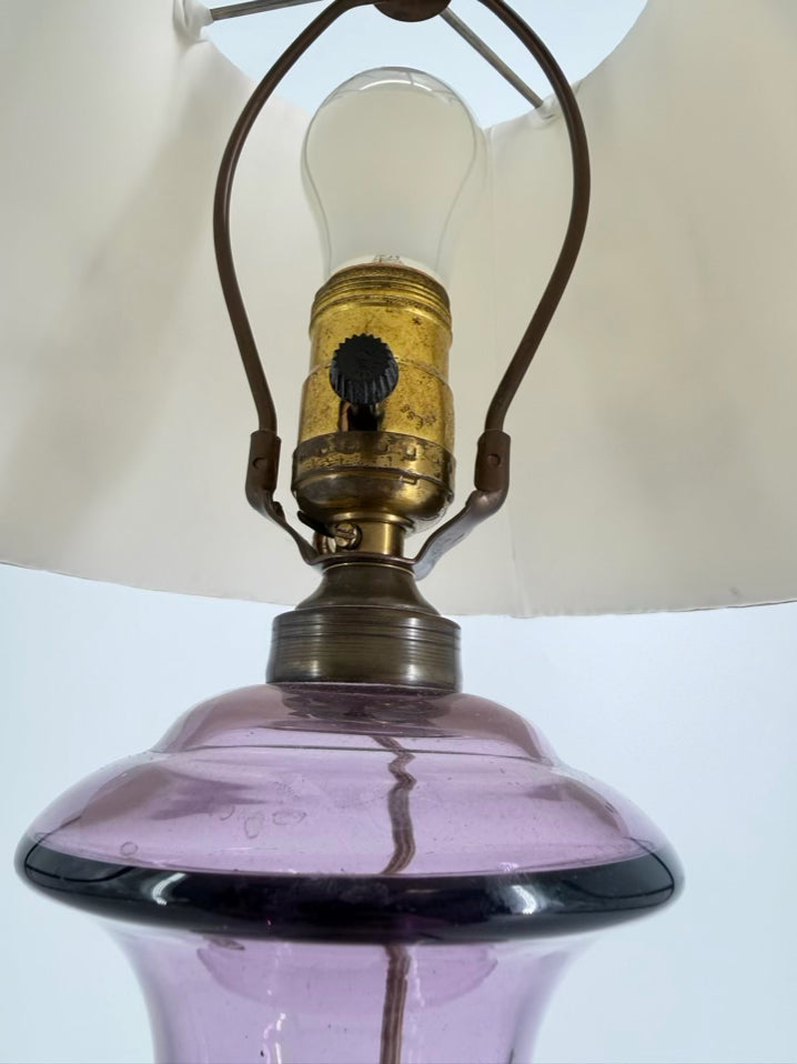 ANTIQUE Purple Glass, Brass, & Marble Lamp w/ Needlework Shade