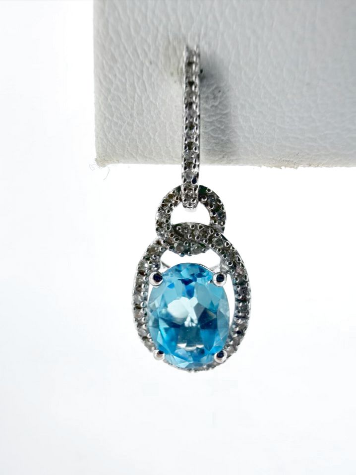 STERLING SILVER Blue Topaz & Diamond Oval Necklace & Earring Set