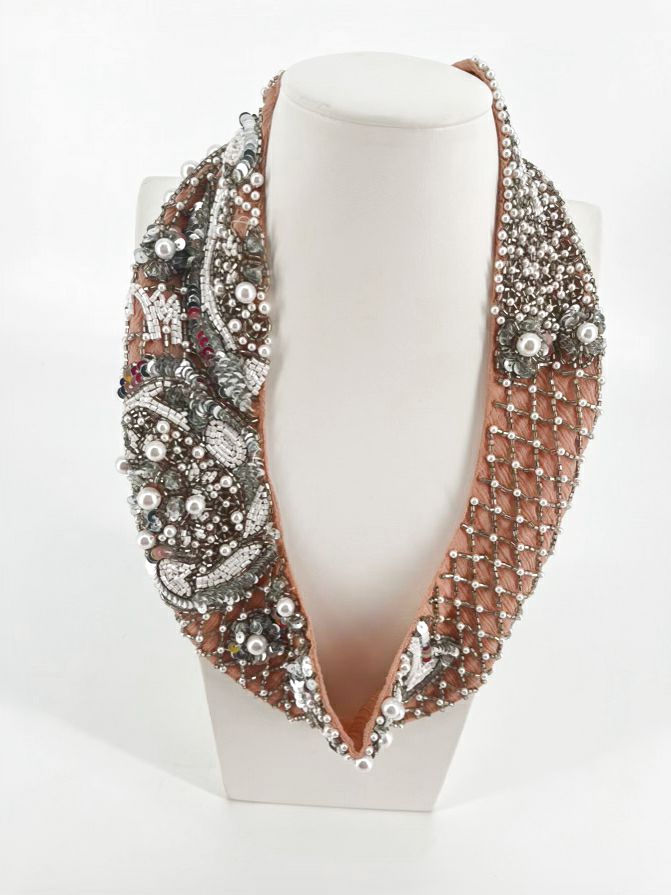 MIGNONNE GAVIGAN Tan Collar Necklace W/ Intricate Beadwork Design