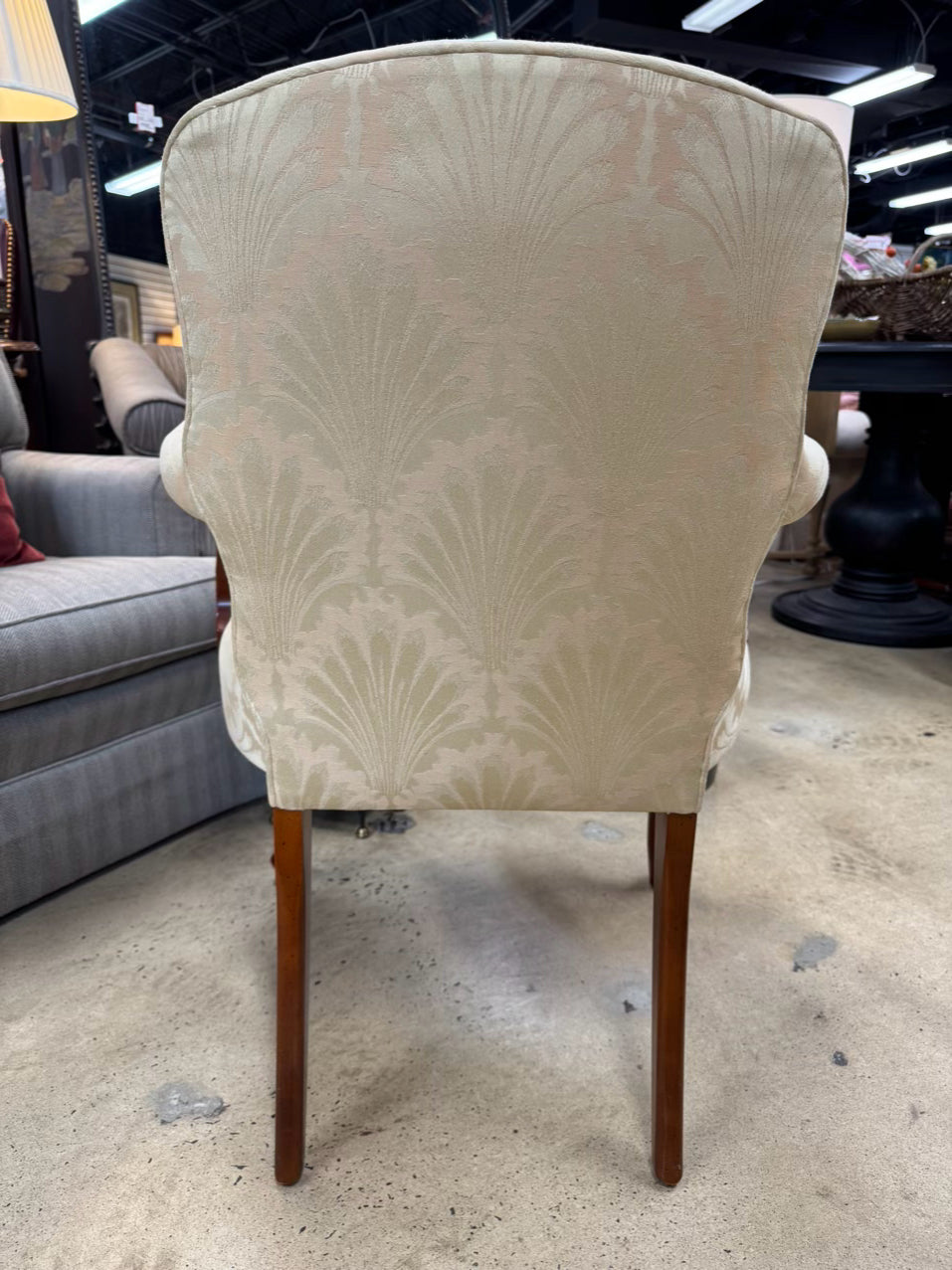 CENTURY Yellow Damask Upholstered Wood Queen Ann Pair of Chairs