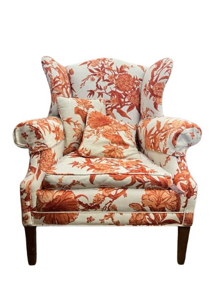 VINTAGE  Rust & Cream Floral Wingback Chair w/ 2 Pillows