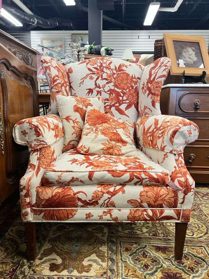 VINTAGE  Rust & Cream Floral Wingback Chair w/ 2 Pillows