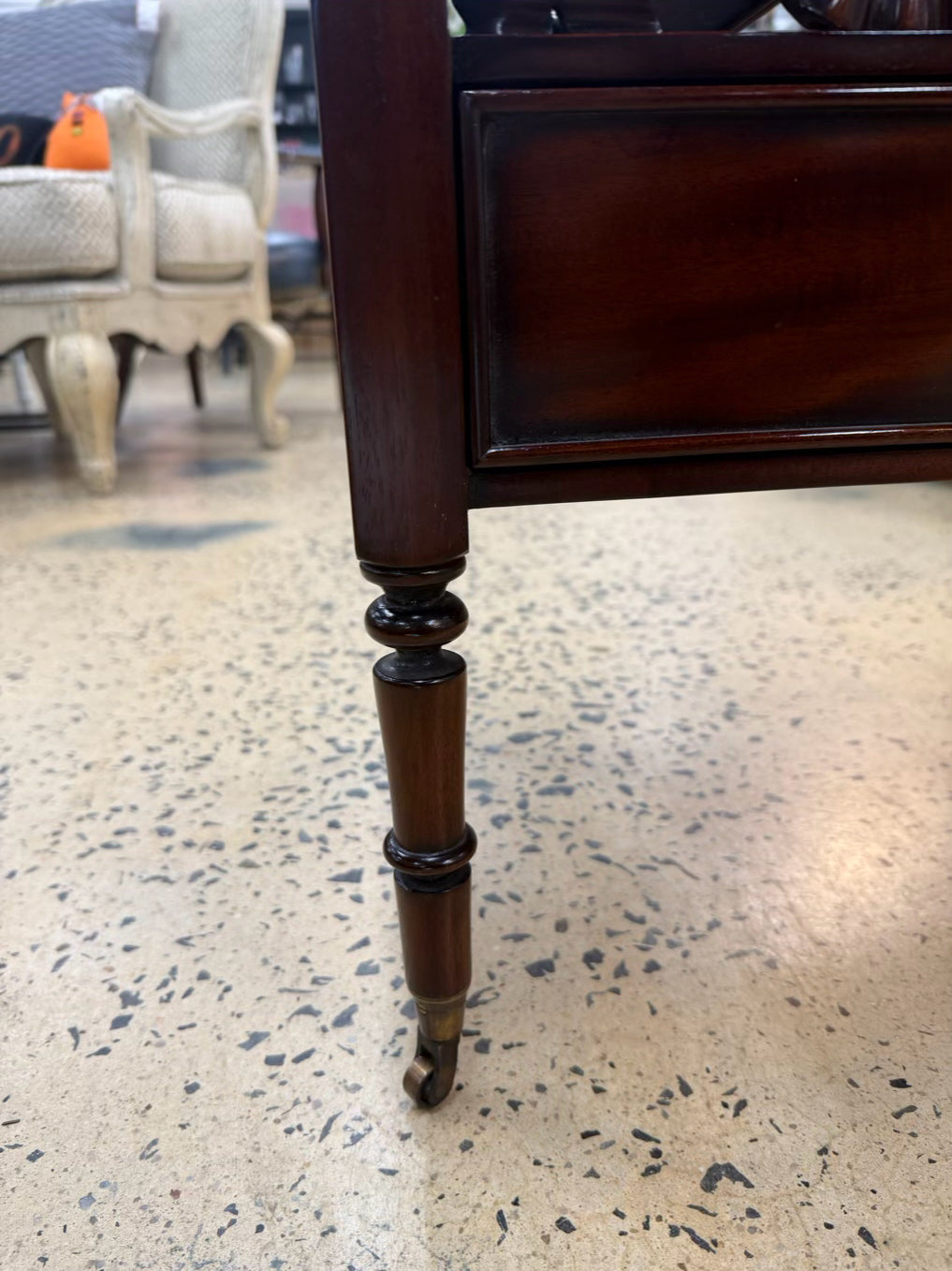 ENGLISH Dark Mahogany Canterbury Rack Magazine Stand w/ Bottom Drawer
