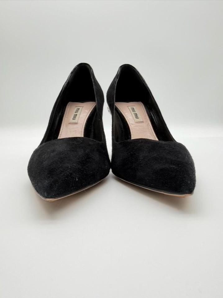 miu miu Size 8.5 Black Leather Crystal Detail Kitten heels
