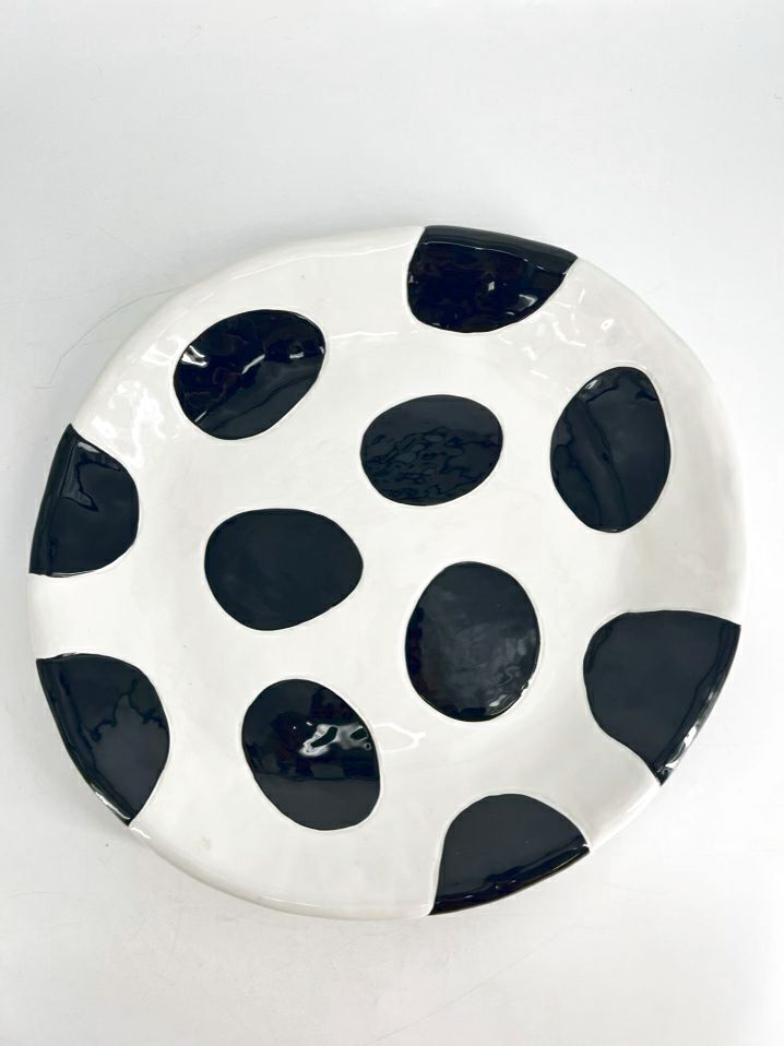 SALLY RUSSELL Black & White Ceramic Dots Platter