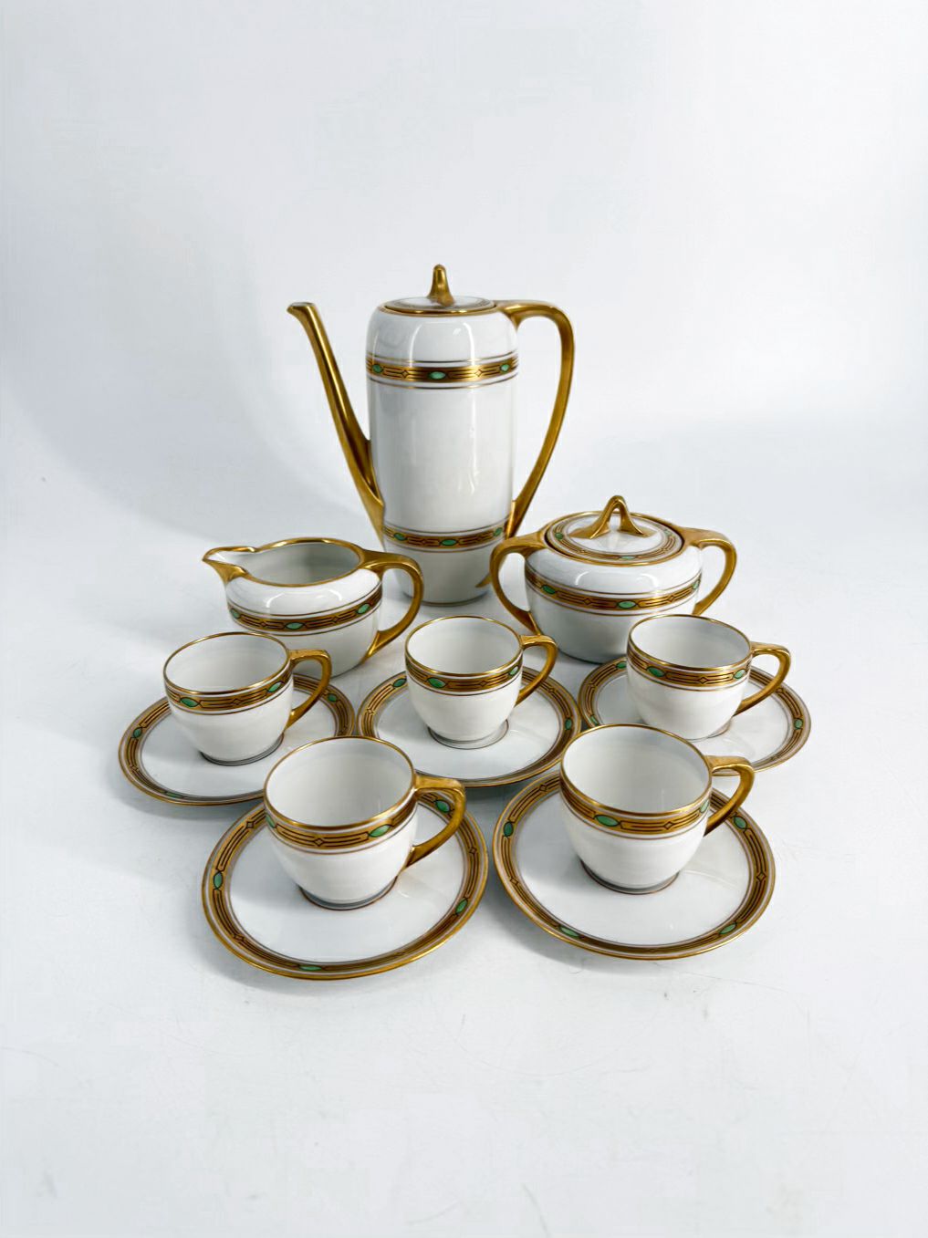 RS GERMANY White, Green & Gold Porcelain Coffee Service Setting For 5