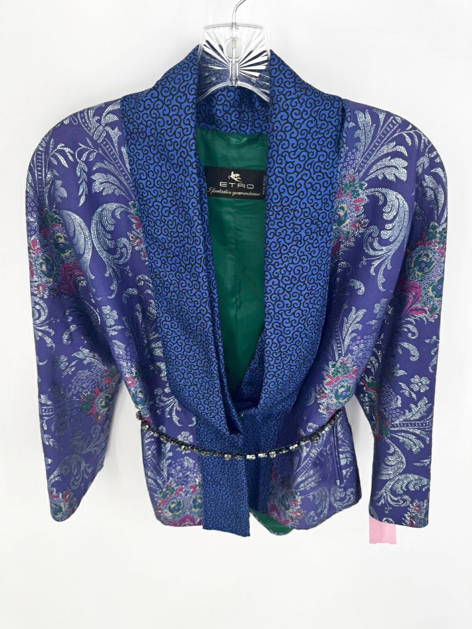 ETRO Size 44 Violet & Blue Print Metallic Jacket w/ Belt