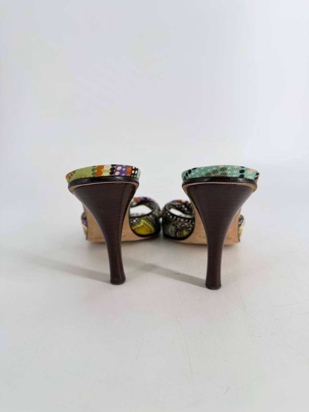JIMMY CHOO Size 38 Purple & Green Canvas Print Heels