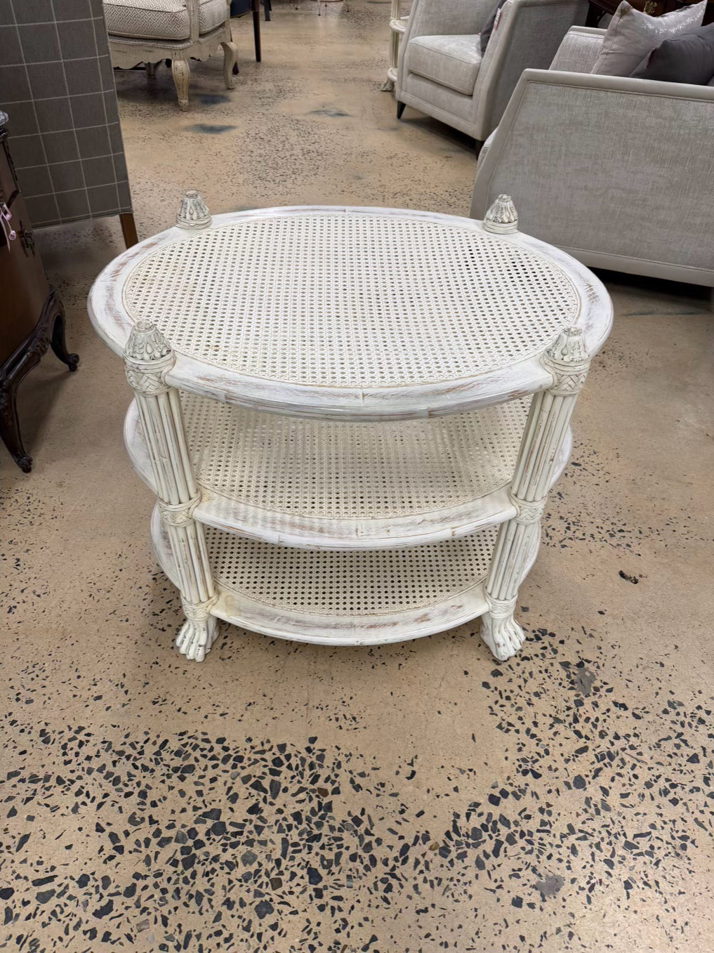 White Wood Occasional 3 Tier Table w/ Cane Shelves