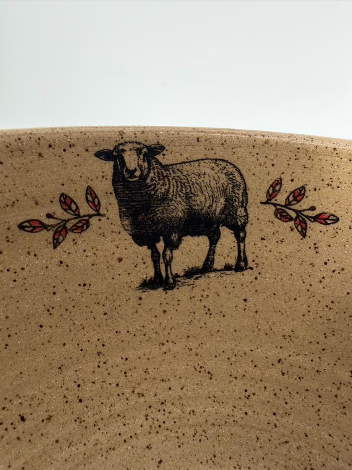 LAKE LISMORE POTTERY Blue & Tan Pottery Bowl w/ Sheep