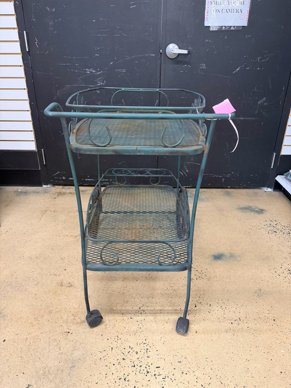 VINTAGE Green Wrought Iron Outdoor 2 Tier Tea Cart w/ Wheels