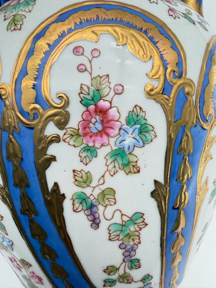 Blue, White, Pink & Green Amphora Floral Porcelain Pair Of Vases w/ Handles