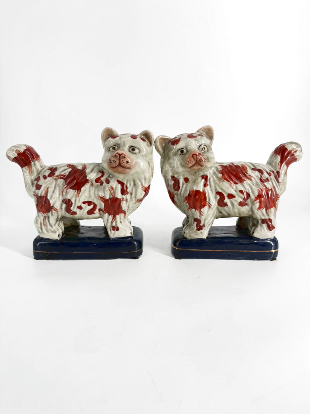 Rust, Cream & Navy Staffordshire Style Porcelain Pair of Cat Figurines