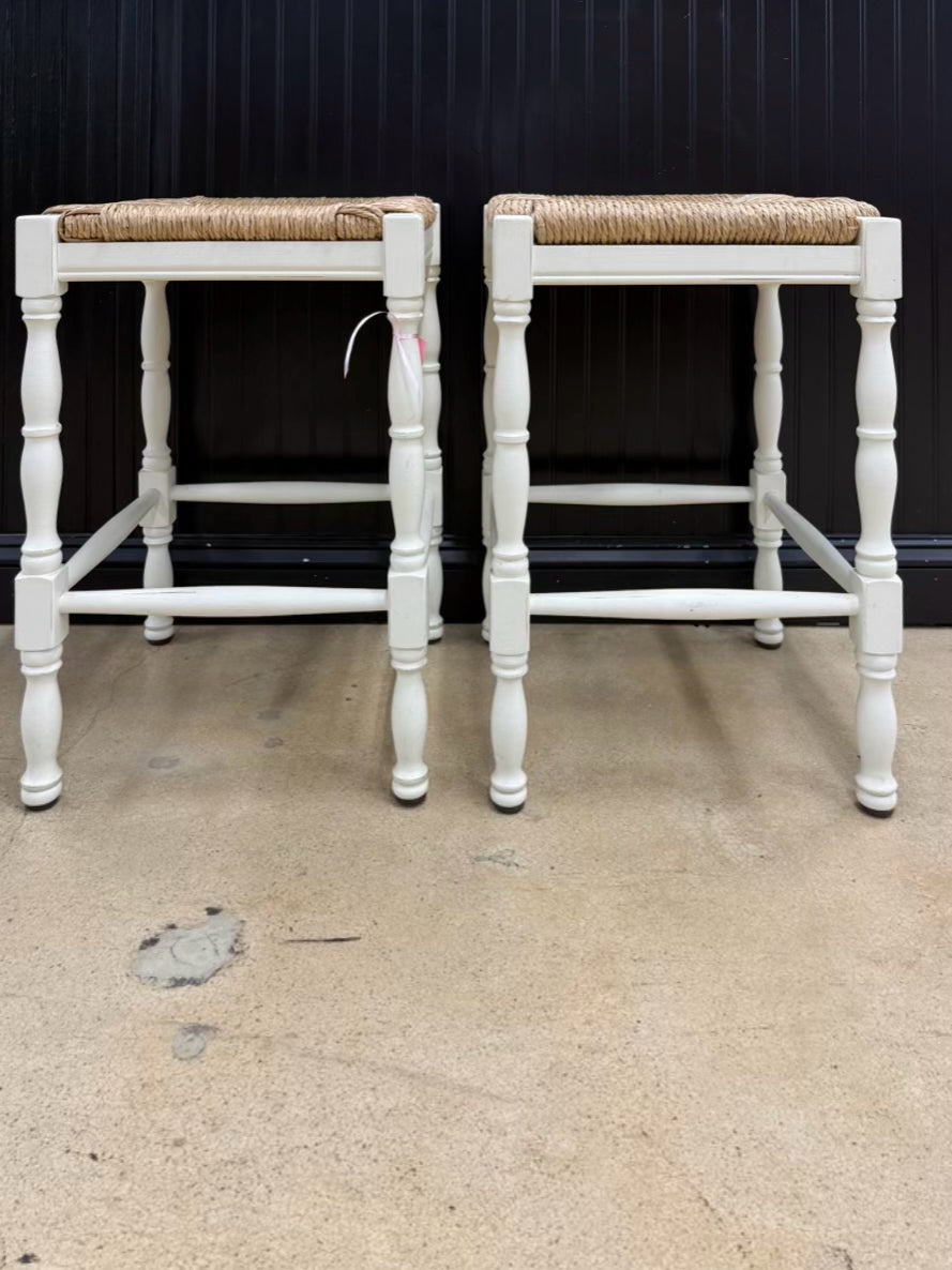 BALLARD DESIGN Cream Wood Pair Of Bar Stools w/ Rush Seats
