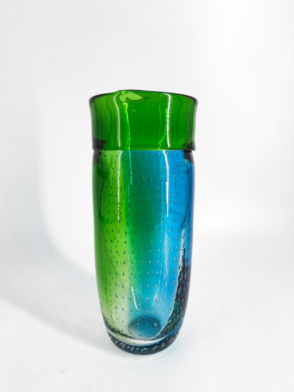 Blue & Green Hand Blown Bubble Glass Cylinder Vase