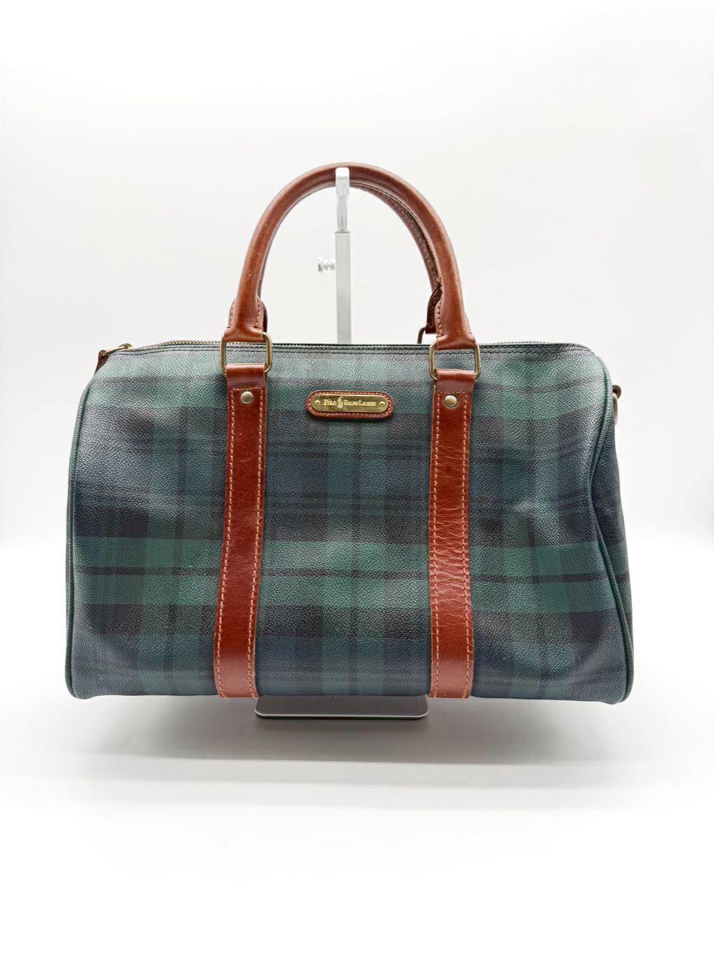 POLO RALPH LAUREN Blue & Green Coated Canvas Plaid Purse
