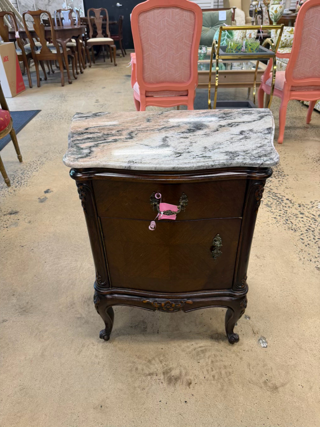FRENCH White & Brown Commode Marble & Wood Nightstand w/ Drawer