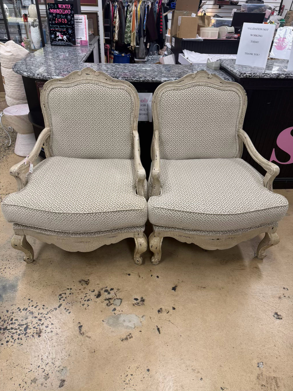 Cream Crackle Louis XV Oversized Pair Of Chairs w/ Taupe & White Fabric