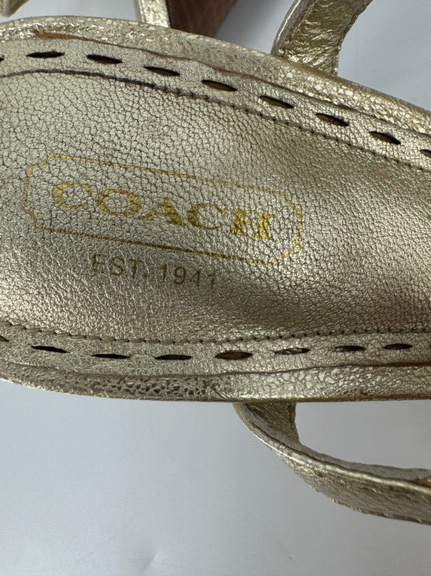 COACH Size 8.5 Gold Leather Chain & Coins Detail Heels