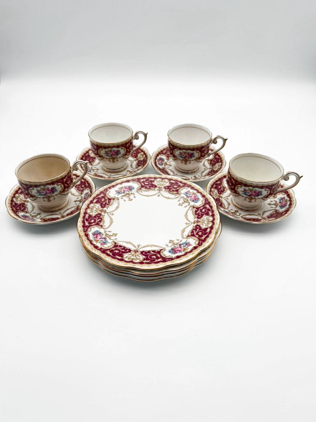 QUEEN ANNE Regency White & Red Dessert Plate Setting for 4 w/ Cups & Saucers