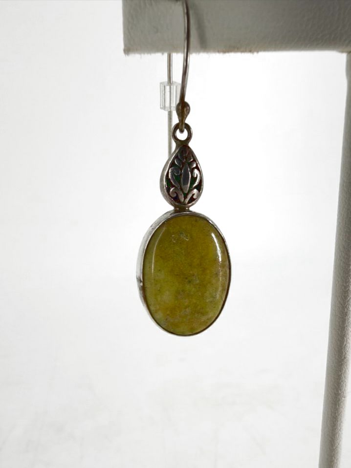 STERLING SILVER Green Apple Turquoise Oval Dangle Earrings
