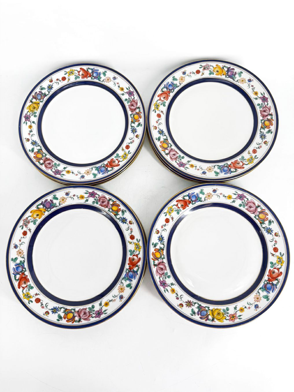 G.AHRENFELDT White, Navy, Rust & Gold China Set of 12 Dinner Plates