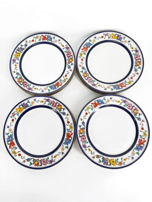 G.AHRENFELDT White, Navy, Rust & Gold China Set of 12 Dinner Plates