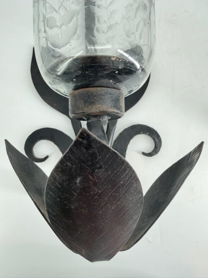 Black Glass & Wrought Iron Leaf Pair Of Candle Sconces