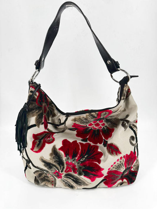 GLENDA GIES Gray & Red Velour Floral Purse