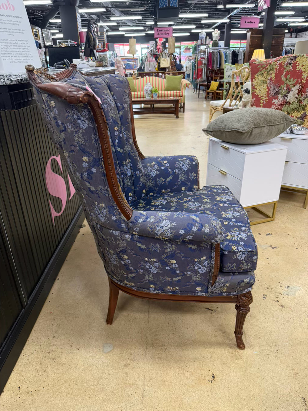 HOLLYWOOD REGENCY Blue, Yellow & Pink Carved Barrel Back Chair