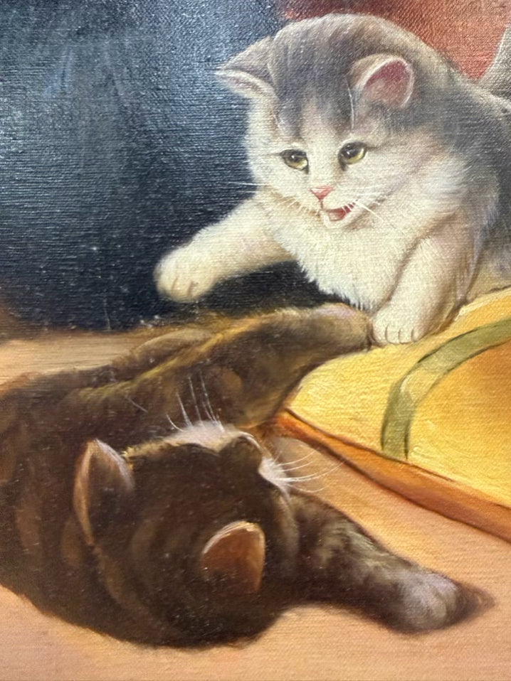 SIGNED R. MONTES Cats Painting In Bronze & Gold Frame