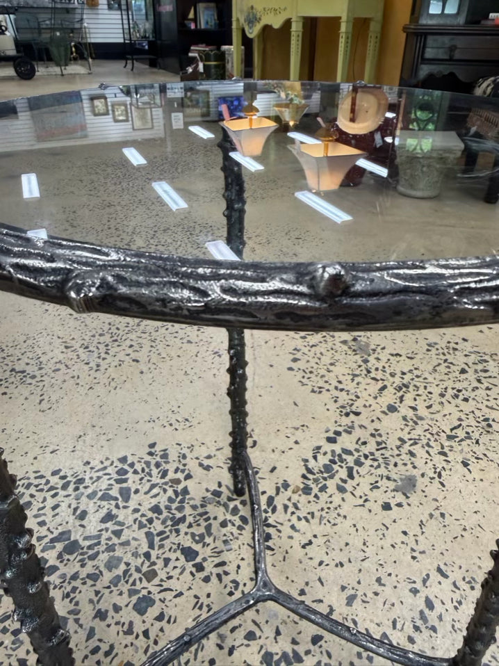 Silver Tone Metal Rustic Wood Look Side Table