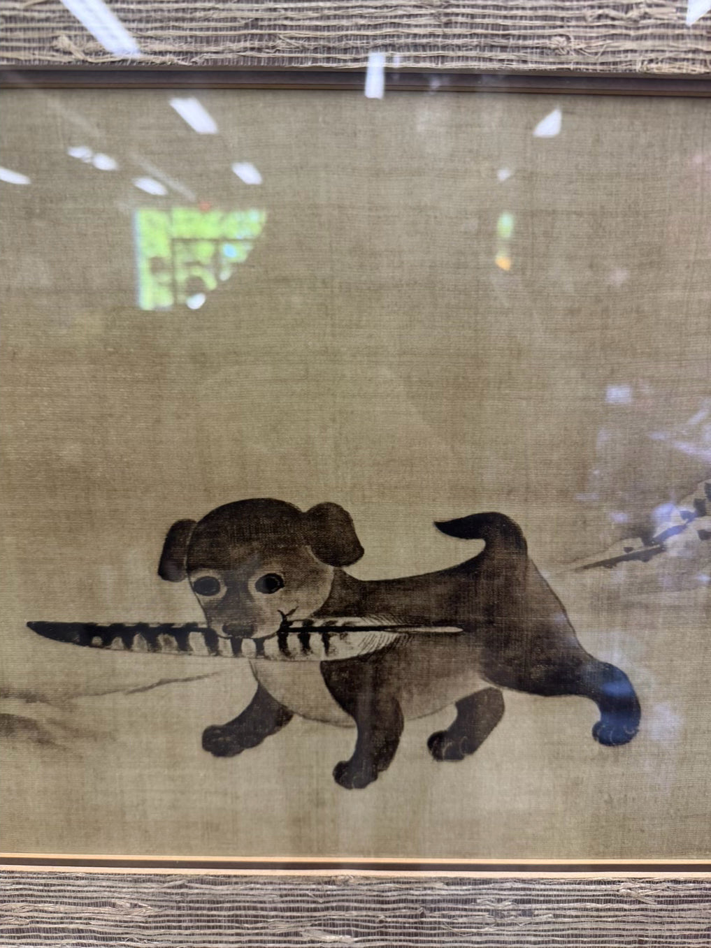 Puppy Playing with Pheasant Feather Framed Art In Wood Frame