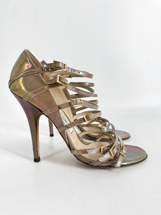 JIMMY CHOO Size 37.5 Metallic Iridescent Leather Atlas Gladiator Pumps