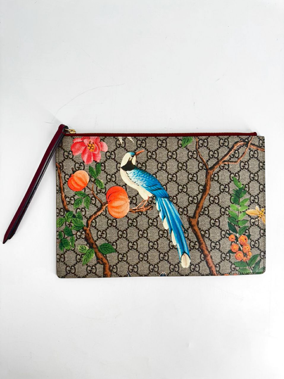 GUCCI Red & Brown Handpainted Tian GG Supreme Zip Pouch