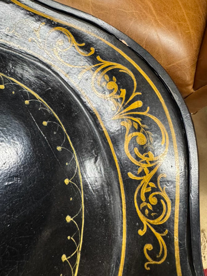 VINTAGE Wood Painted Black Flowers Coffee Table w/ Removable Tray