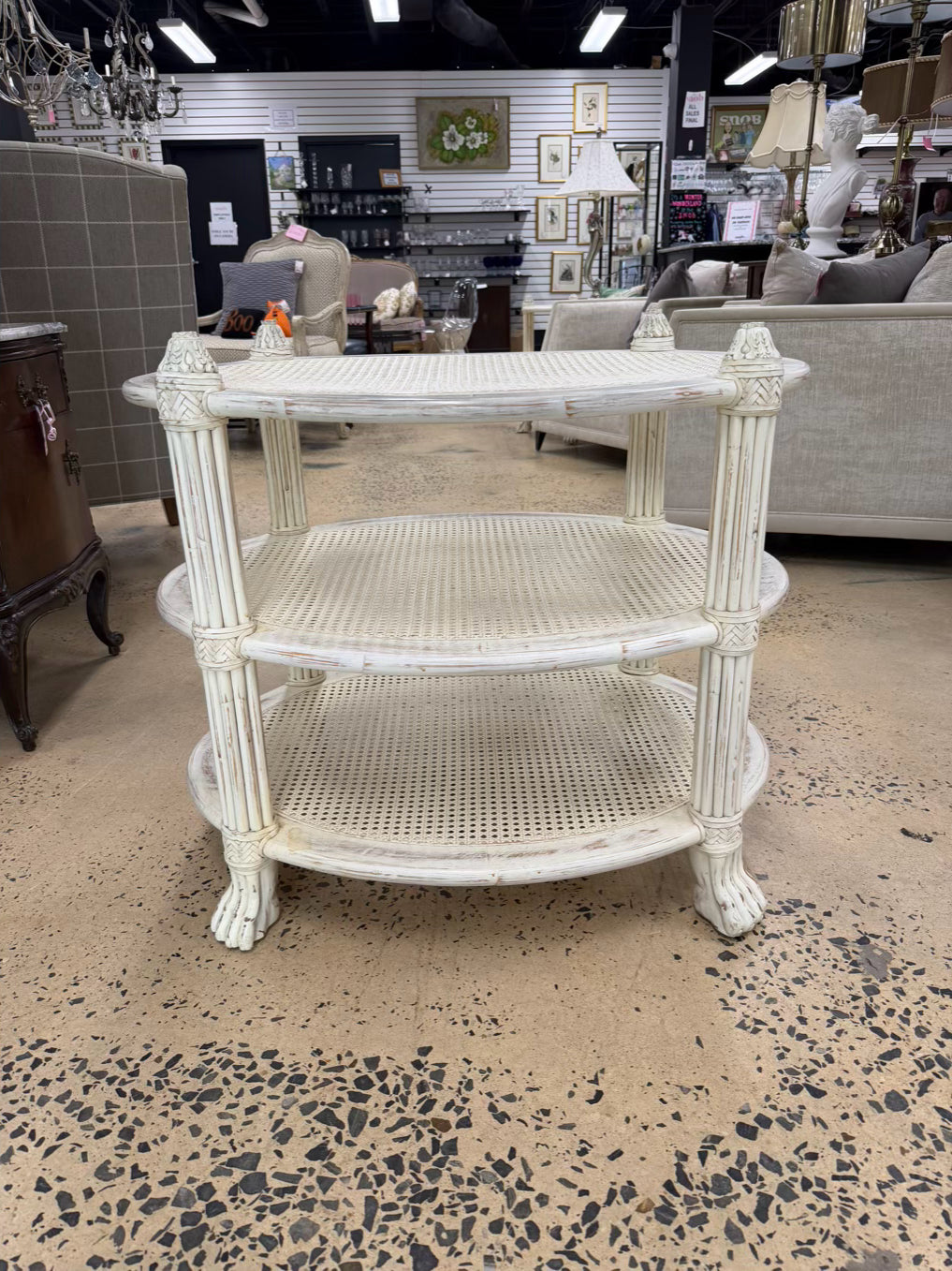 White Wood Occasional 3 Tier Table w/ Cane Shelves