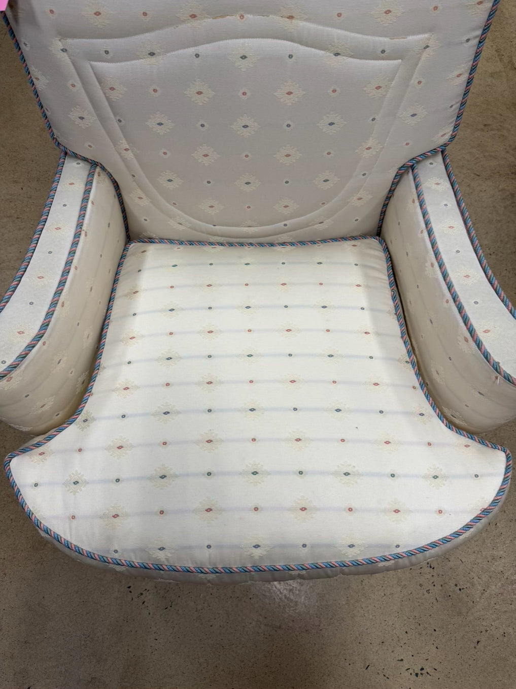 VINTAGE French White, Pink & Blue Pair Of Chairs w/ Braid Trim