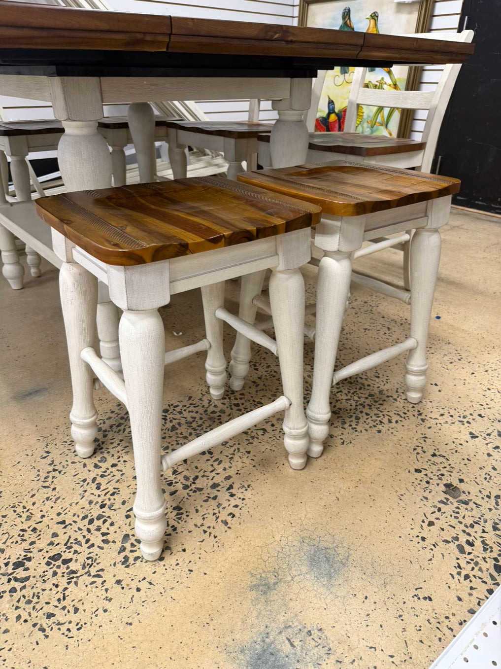 Brown & White Counter Height Wood Dinning Table w/ 4 Barstools & 4 Backed Barstools