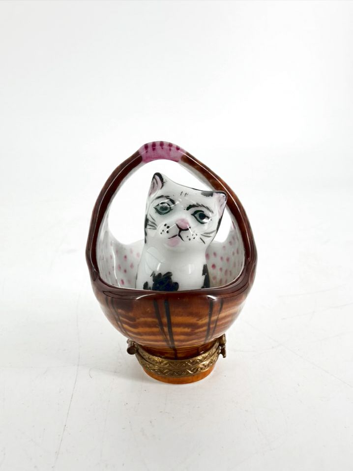 Limoges Black & White Porcelain Cat In Basket Trinket Box