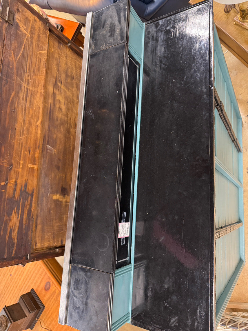 VINTAGE Turquoise & Black Painted Wood Art Deco Dental Detail Cabinet