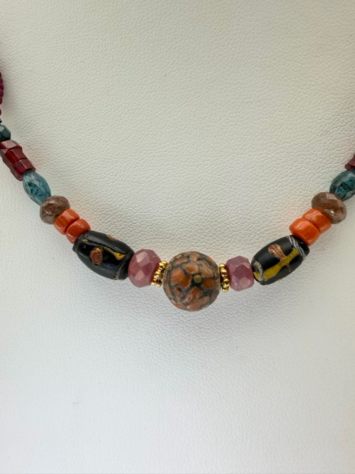 Coral Nepal & Czech Glass w/ Ruby Venetian Glass Necklace