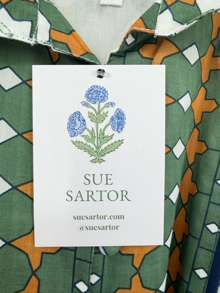 SUE SARTOR Size XL Green & Cream Print Belted Midi-Dress NWT