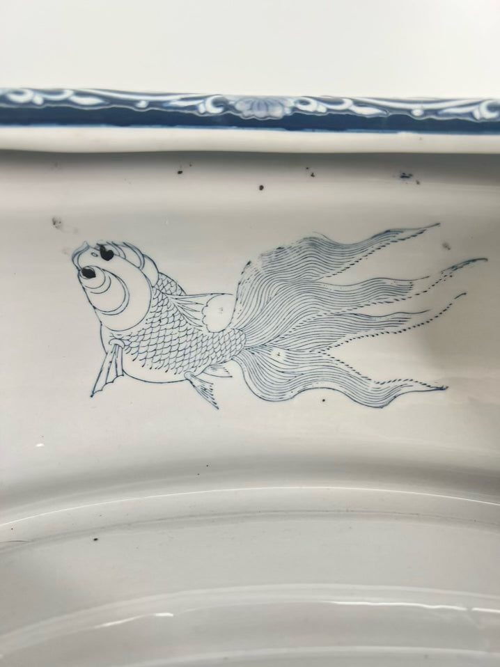 Blue & White Porcelain Oval Chinoiserie Foot Bath W/ Fish Handles
