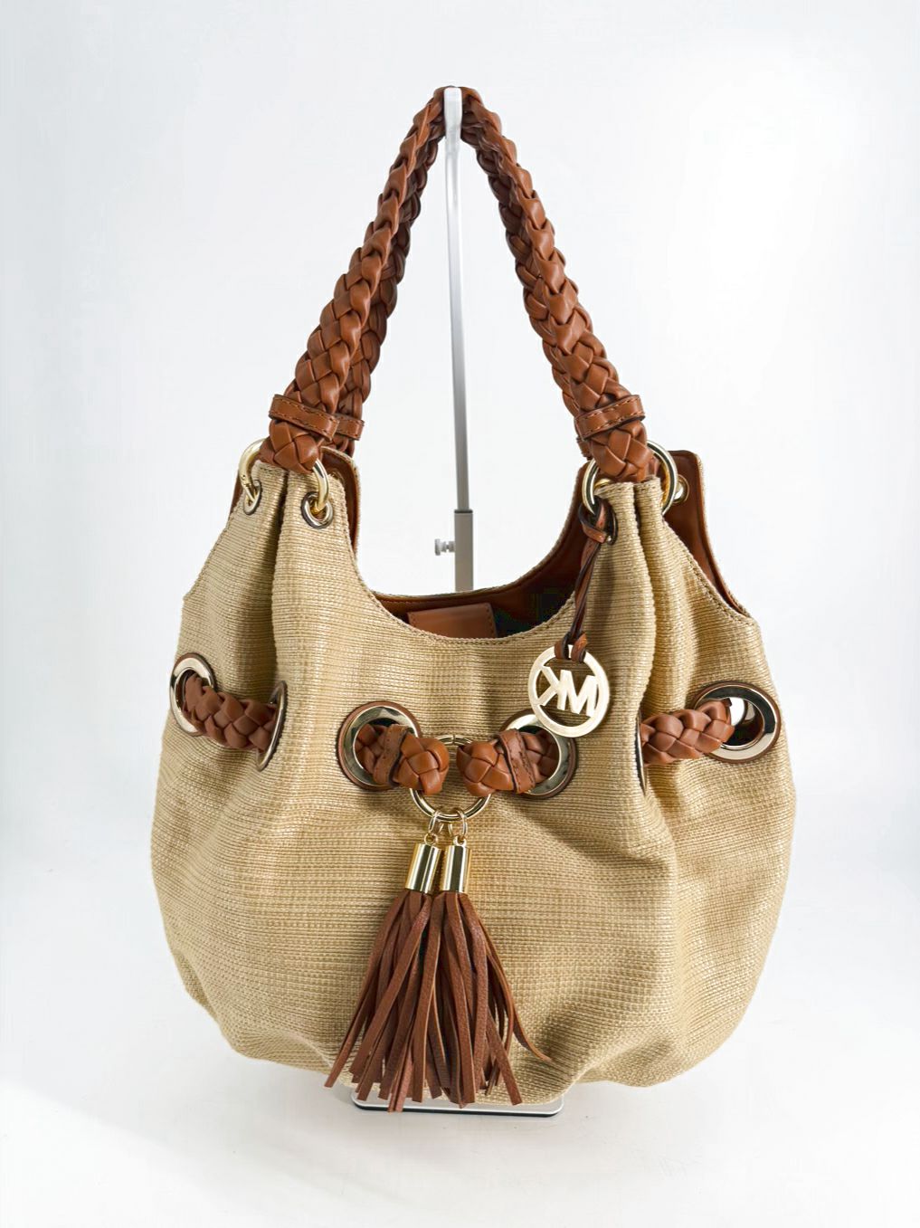 MICHAEL KORS Leather Natural Straw Woven Purse
