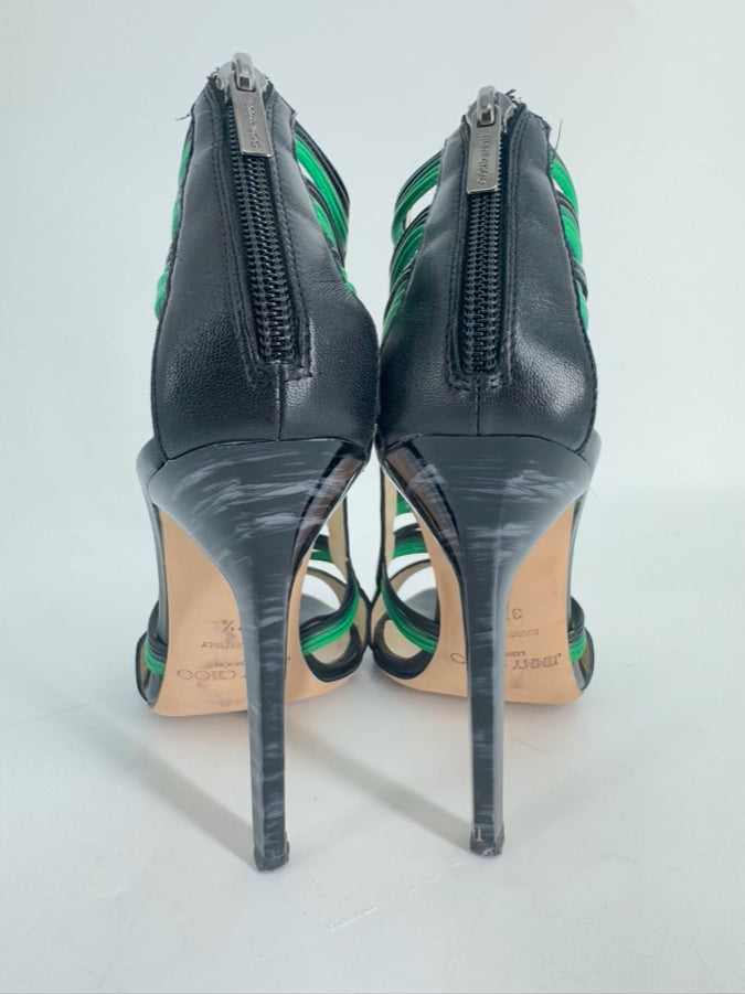 JIMMY CHOO Size 37.5 Green & Black Leather Strappy Pumps